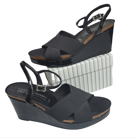Donald J Pliner Bente Black Patent Ankle Strap Wedge Sandals Shoes 9.5 - Picture 4 of 16